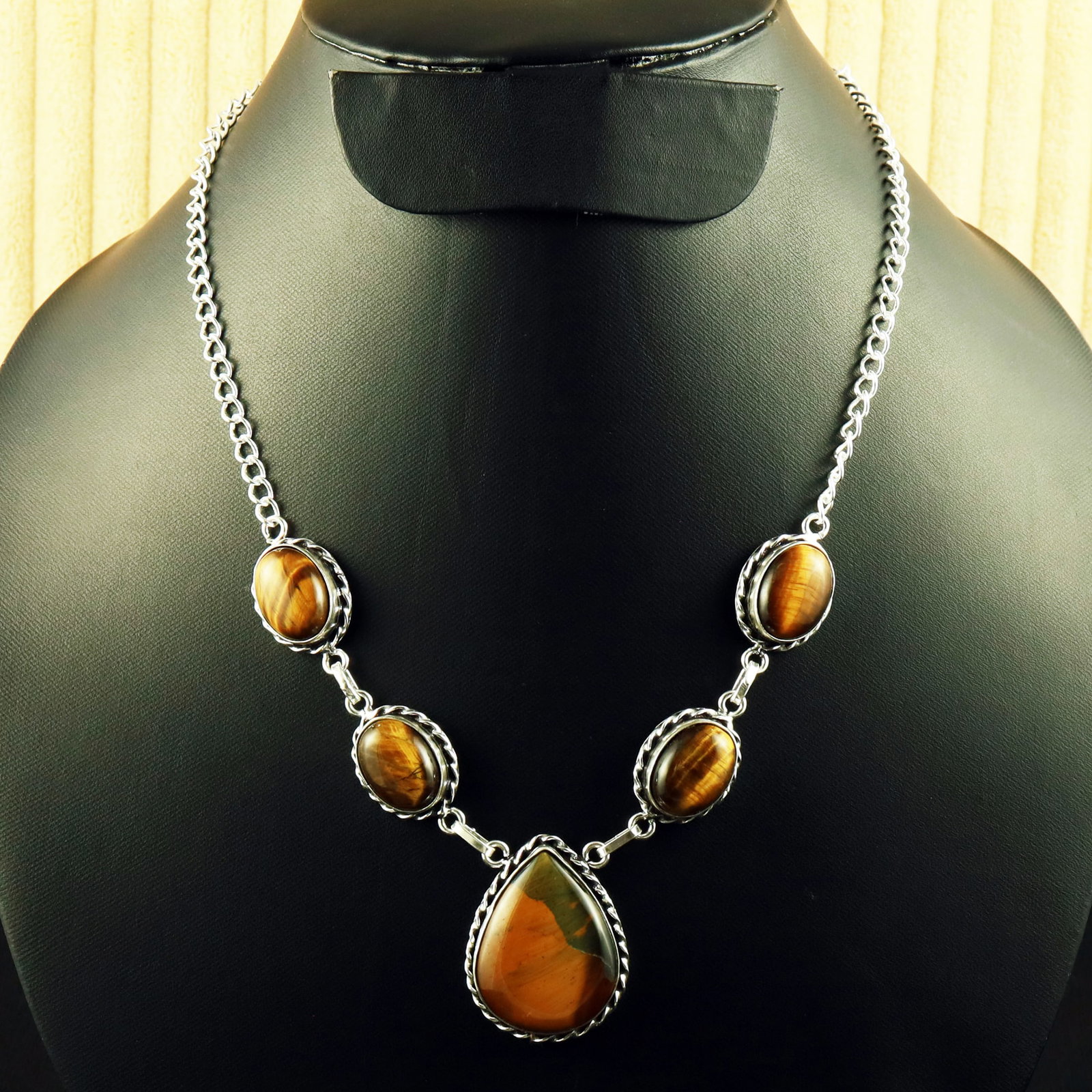 Natural Tiger Eye Sterling Silver Plated Handmade Necklace: Product ID: 260616115250 Product - Handmade Silver Plated Necklace Metal - 92.5 Sterling Silver Plated Necklace Length - 18 Inch Gemstone - Tiger Eye Gemstone Size - 12X16 MM (4 Stone), 3X2 CM (1 Ston