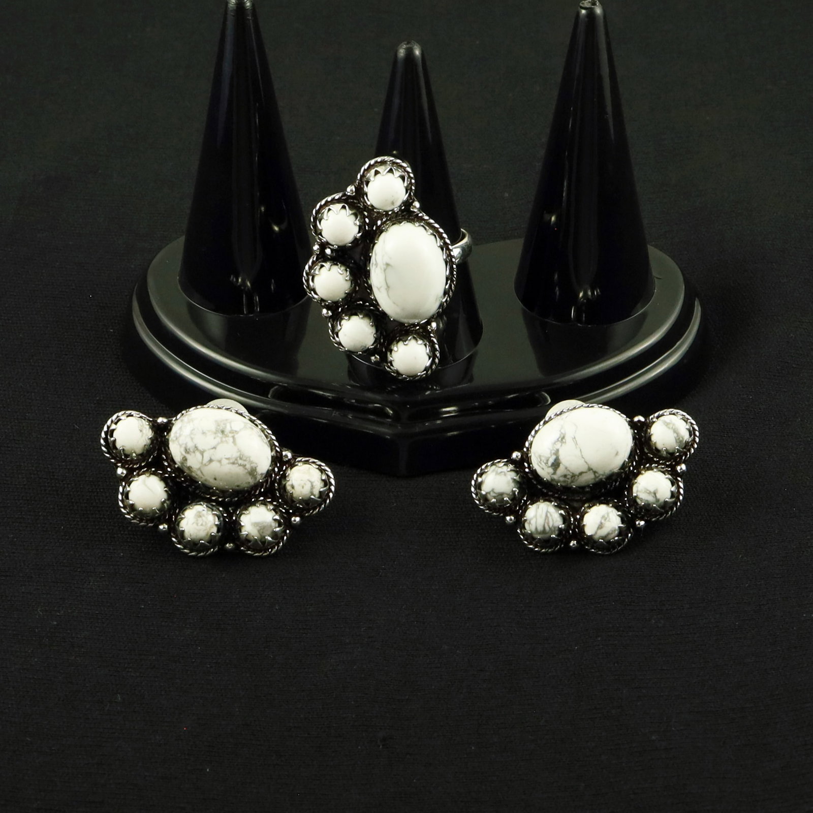 Natural Howlite Silver Plated Handmade Ring - 9MM With Stud Earring: Product ID: 260615130046 Product - Handmade Silver Plated Ring With Stud Earring Metal - 92.5 Sterling Silver Plated Earring Type - Stud Ring Size - 9MM Gemstone - Howlite Gemstone Origin - Canada Gem