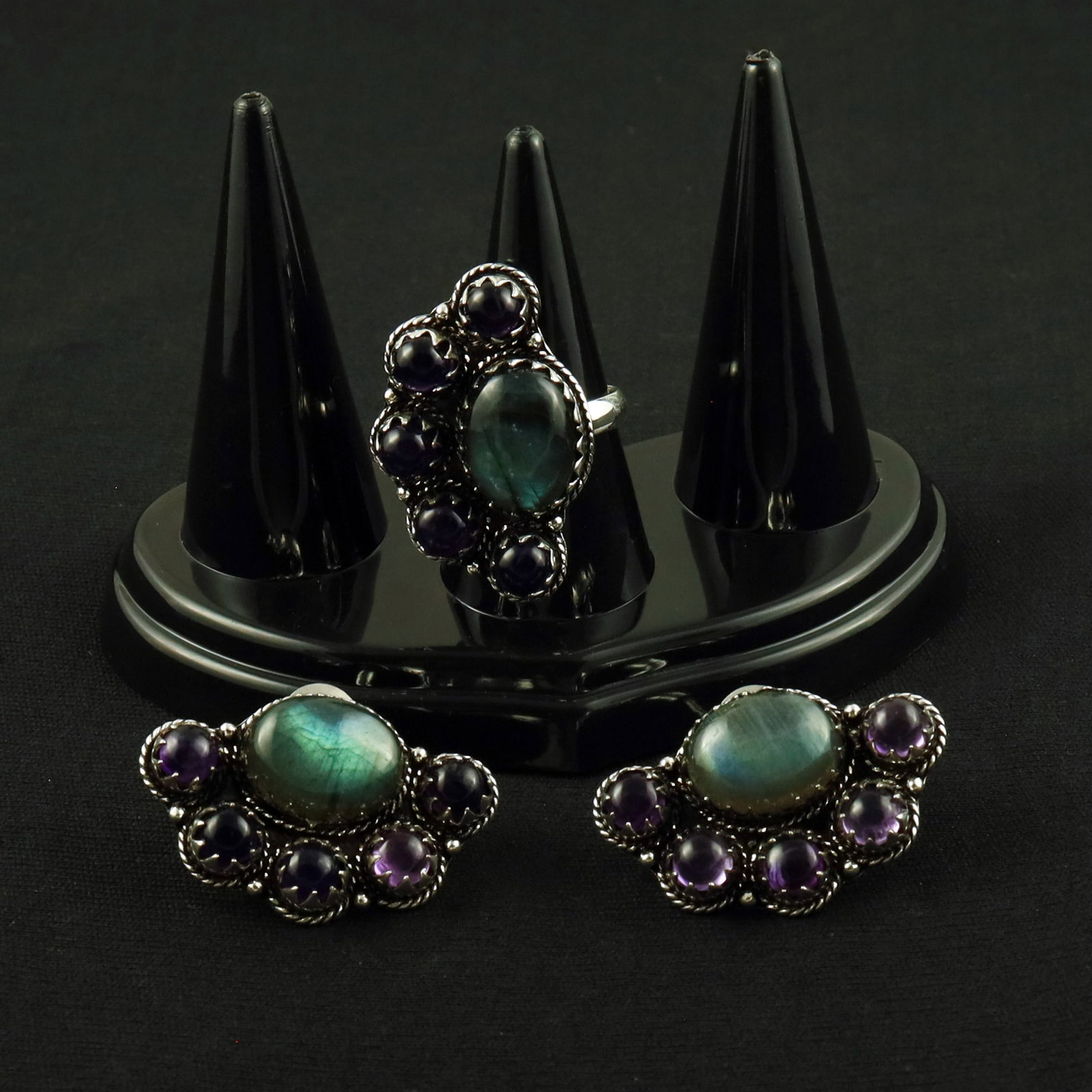 Natural Labradorite & Amethyst Silver Plated Handmade Ring - 8MM With Stud Earring: Product ID: 260615124732 Product - Handmade Silver Plated Ring With Stud Earring Metal - 92.5 Sterling Silver Plated Earring Type - Stud Ring Size - 8MM Gemstone - Labradorite & Amethyst Gemstone Orig