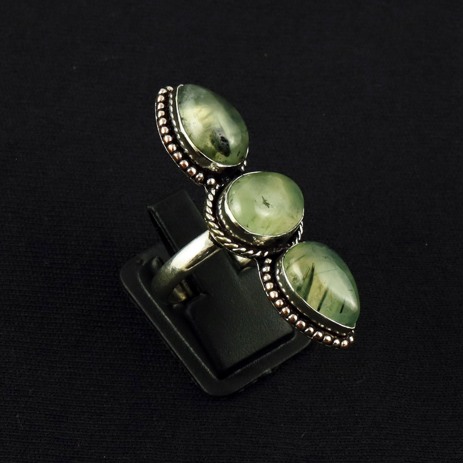 Natural Prehnite Sterling Silver Plated Handmade Ring - 9MM: Product ID: 260610143616 Product - Handmade Silver Plated Ring Metal - 92.5 Sterling Silver Plated Ring Size - 9MM Gemstone - Prehnite Gemstone Origin - South Africa Gemstone Size - 10X14 MM ( 3 Stone