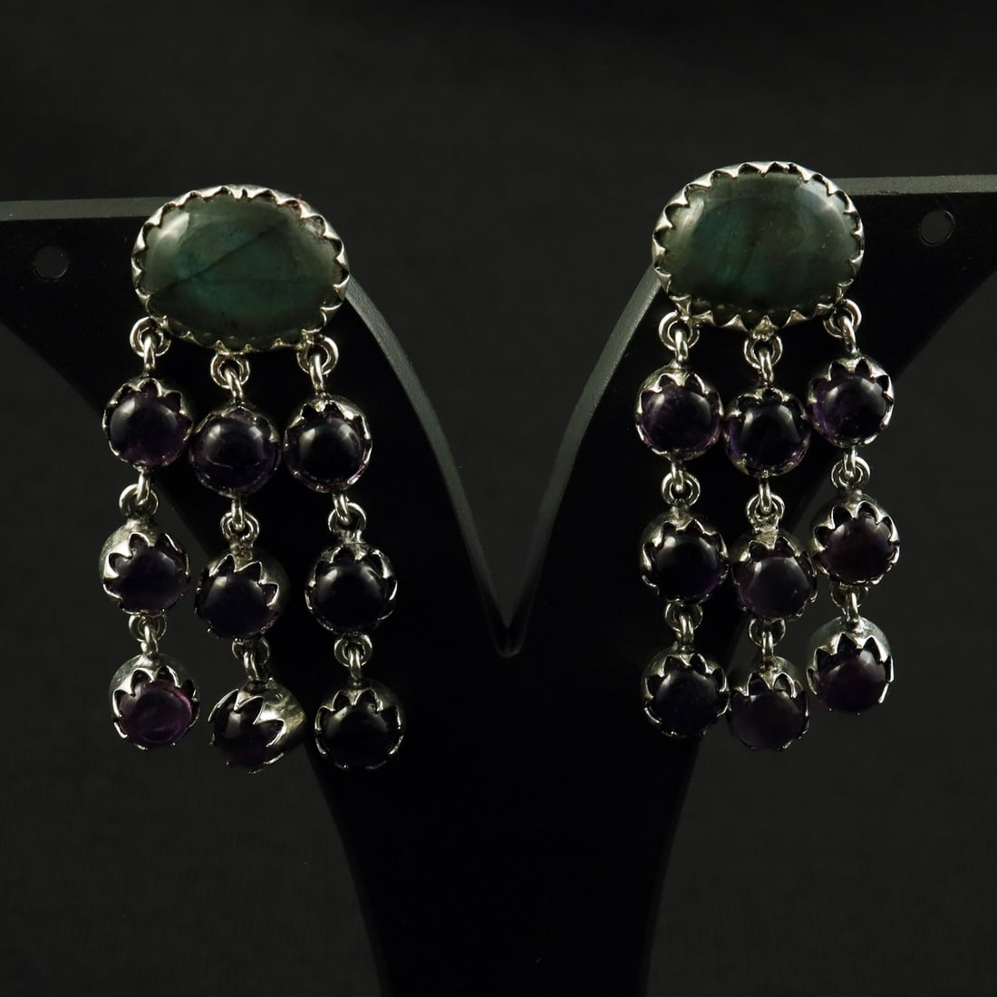 Natural Amethyst & Labradorite Sterling Silver Plated Handmade Stud Earring: Product ID: 260712121843 Product - Handmade Silver Plated Stud Earring Metal - 92.5 Sterling Silver Plated Earring Type - Stud Gemstone - Labradorite & Amethyst Gemstone Origin - Canada & Africa Gemst