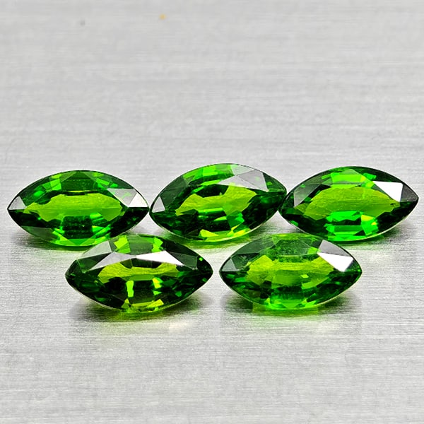 Natural Green Chrome Diopside Gemstones 1.43 Ct. 5 Pcs. Marquise Shape 5.9 x 3.2 Mm.: Product ID: 801608101 Product Name: Natural Chrome Diopside Weight: 1.43 CT. Size: 5.9 x 3.2 x 2.2 MM. Shape: Marquise Shape Color: Green Clarity:VSI - SI1 Luster: Good Gems Origin: Russia Treatment: 