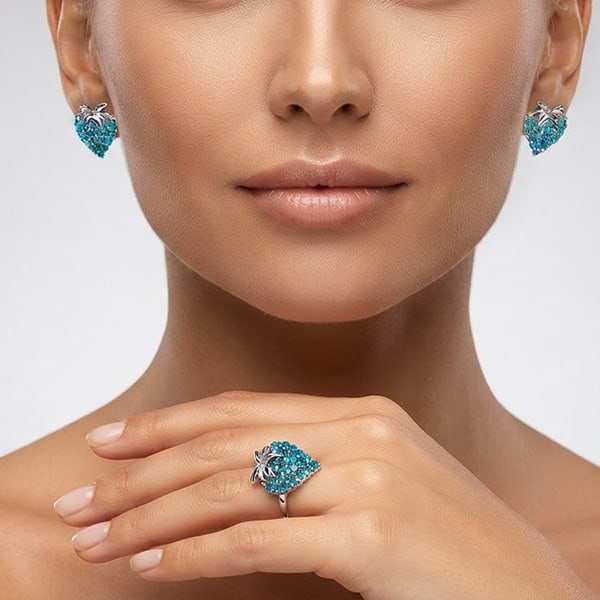 Natural Neon Blue Apatite 925 Sterling Silver Jewelry 14.26 Grams Sets Ring Size 9 And Earrings (1 of 3)