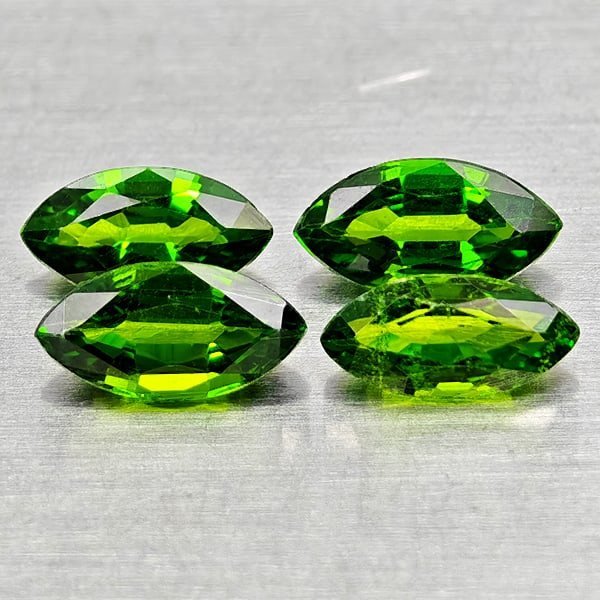 Natural Green Chrome Diopside Gemstones 1.13 Ct. 4 Pcs. Marquise Shape 6.2 x 3.3 Mm.: Product ID: 801608102 Product Name: Natural Chrome Diopside Weight: 1.13 CT. Size: 6.2 x 3.3 x 2.3 MM. Shape: Marquise Shape Color: Green Clarity:VSI - SI1 Luster: Good Gems Origin: Russia Treatment: 
