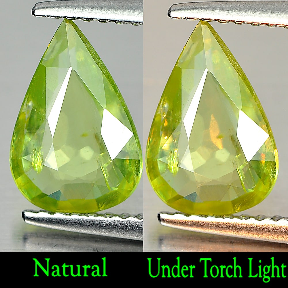 Natural Green Titanium Sphene With Rainbow Spark 1.26 Ct. Pear Shape 10.3 x 7 Mm.: Product ID: 806508009 Product Name: Natural Sphene Weight: 1.26 CT. Size: 10.3 x 7 x 2.3 MM. Shape: Pear Color: Green With Rainbow Spark Clarity:VSI Luster: Adamantine Gems Origin: Madagascar Treatmen