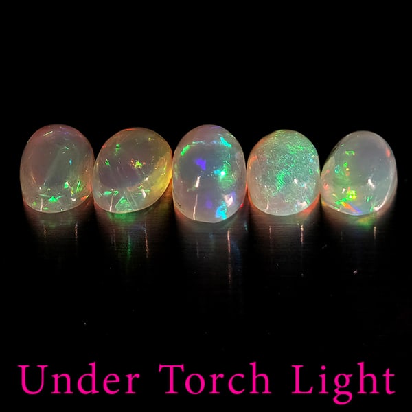 Natural Multi Color Opal Gemstones 1.81 Ct. 5 Pcs. Oval Cabochon Shape 6.1 x 4.1 Mm.: Product ID: 818728118 Product Name: Natural Opal Weight: 1.81 CT. Size: 6.1 x 4.1 x 2.6 MM. Shape: Oval Cabochon Color: Multi-Color Clarity:Semi - Transparent Luster: Good Gems Origin: Ethiopia Treatm