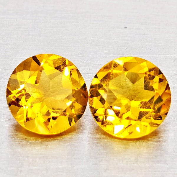 Natural Yellow Citrine Gemstones 2.49 Ct. 2 Pcs. Round Shape 7 Mm.: Product ID: 801815385 Product Name: Natural Citrine Weight: 2.49 CT. Size: 7 x 7 x 4 MM. Shape: Round Shape Color: Yellow Clarity:VSI - SI1 Luster: Good Gems Origin: Brazil Treatment: Unheated Crystal