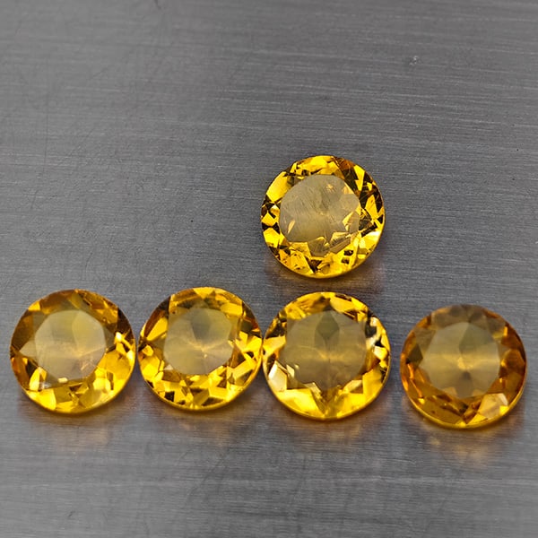 Natural Yellow Citrine Gemstones 5.24 Ct. 5 Pcs. Round Shape 7.2 Mm.: Product ID: 801815460 Product Name: Natural Citrine Weight: 5.24 CT. Size: 7.2 x 7.2 x 4 MM. Shape: Round Color: Yellow Clarity:VSI Luster: Good Gems Origin: Brazil Treatment: Unheated Crystal Structu