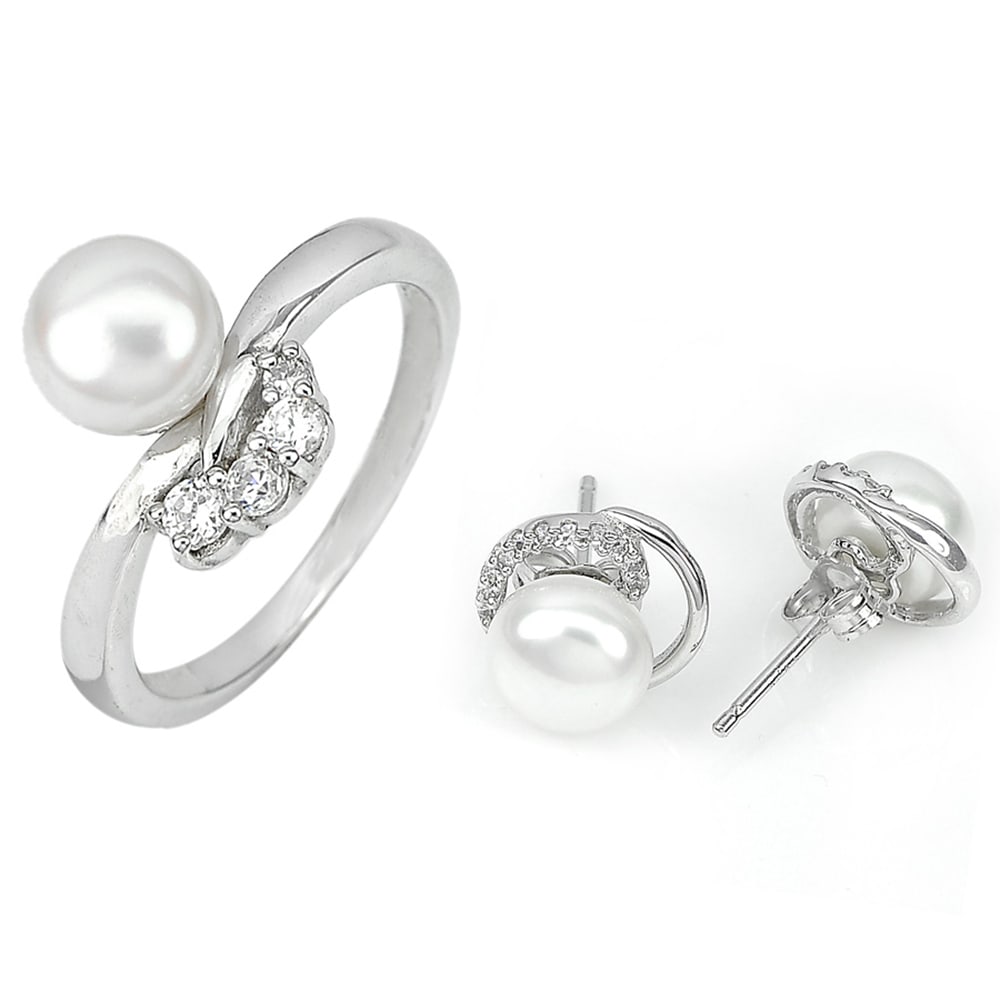 Natural White Pearl Gemstones 925 Sterling Silver Sets Earrings and Ring Size 7.5 (1 of 3)