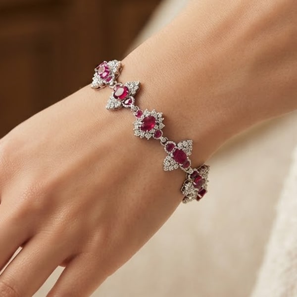 Natural Purplish Pink Ruby Gemstones 925 Sterling Silver Bracelet Jewelry 17.21 Grams. Length 8 (1 of 3)