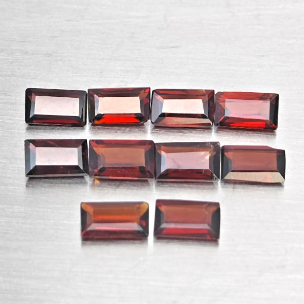 Natural Orangish Red Garnet Gemstones 2.95 Ct. 10 Pcs Baguette Shape 5.2 x 3.2 Mm.: Product ID: 802937883 Product Name: Natural Red Garnet Weight: 2.95 CT. Size: 5.2 x 3.2 x 2.2 MM. Shape: Baguette Shape Color: Orangish Red Clarity:SI1 Luster: Good Gems Origin: Tanzania Treatment: Un