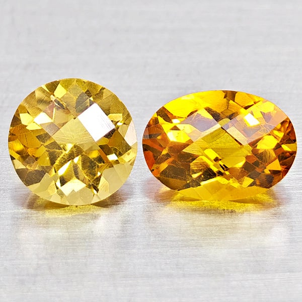 Natural Yellow Citrine Gemstones 1.59 Ct. 2 Pcs Mixed Checkerboard Cut Mixed Size: Product ID: 801815250 Product Name: Natural Citrine Weight: 1.59 CT. Size: 6 x 6 x 4.3 - 7.2 x 5.2 x 4.4 MM. Shape: Round , Oval Color: Yellow Clarity:VSI Luster: Good Gems Origin: Brazil Treatment: U