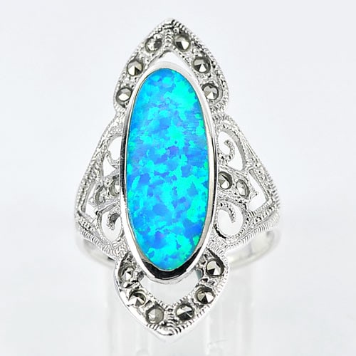 925 Sterling Silver 5.02 Grams Blue Created Opal Jewelry Ring Size 8 (1 of 3)
