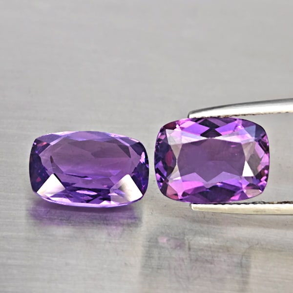 Natural Purple Amethyst Gemstones 8.63 Ct. 2 Pcs. Cushion Shape 13 x 9 Mm.: Product ID: 800325677 Product Name: Natural Amethyst Weight: 8.63 CT. Size: 13 x 9 x 5.7 MM. Shape: Cushion Shape Color: Purple Clarity:VSI Luster: Good Gems Origin: Brazil Treatment: Unheated Crystal