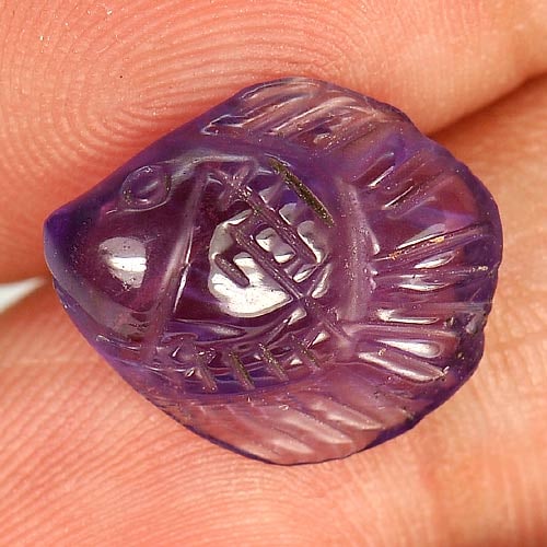 Natural Violet Amethyst Gemstones 4.61 Ct. Fish Carving 14 x 11.8 Mm.: Product ID: 810303760 Product Name: Natural Amethyst Weight: 4.61 CT. Size: 14 x 11.8 x 5.5 MM. Shape: Fish Carving Color: Violet Clarity:Semi - Transparent Luster: Good Gems Origin: Brazil Treatment: