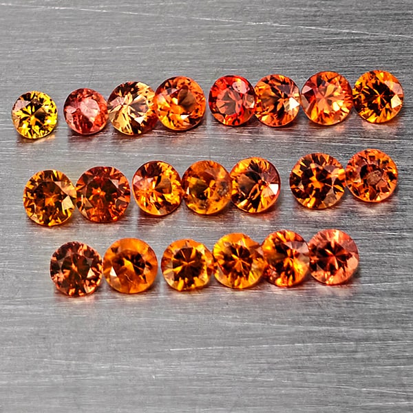 Natural Orange Songea Sapphire Gemstones 0.51 Ct. 21 Pcs. Round Diamond Cut 1.7 Mm.: Product ID: 806162877 Product Name: Natural Orange Sapphire Weight: 0.51 CT. Size: 1.7 x 1.7 x 1.1 MM. Shape: Round Diamond Cut Color: Orange Clarity:VSI Luster: Good Gems Origin: Tanzania Treatment: 