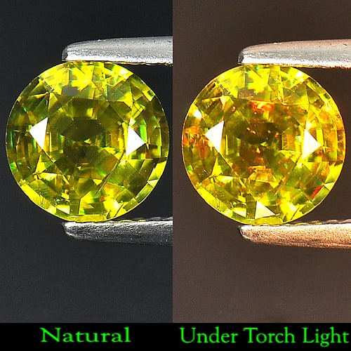 Natural Multi Color Sphene Titanium Red Spark Gemstones 1.77 Ct Round Shape 7.6 Mm.: Product ID: 106500007 Product Name: Natural Sphene Weight: 1.77 CT. Size: 7.6 x 7.6 x 4.4 MM. Shape: Round Color: Multi Color Clarity:VVS Luster: Good Gems Origin: Mardagascar Treatment: Unheated Crys