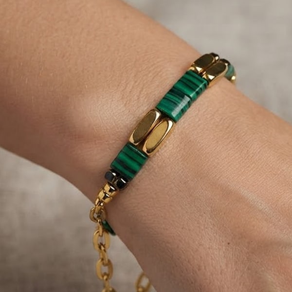 Natural Malachite Stone with 925 Stering Silver Bracelet Jewelry Yellow Gold Plated Max Length 7