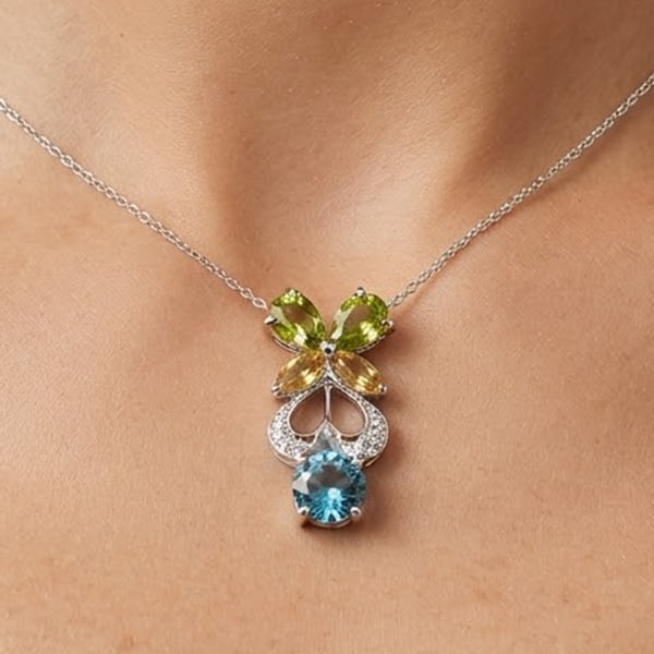 Natural Topaz Citrine Peridot Gemstones 925 Sterling Silver Pendant Jewelry 2.75 Grams