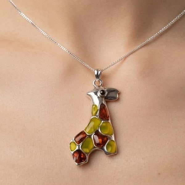 925 Sterling Silver Pendant Green Orange Enamel Giraffe 3.40 Mm.