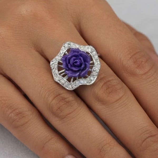 925 Sterling Silver Ring Jewelry 3.60 Grams with Purple Flower Resin Size 8