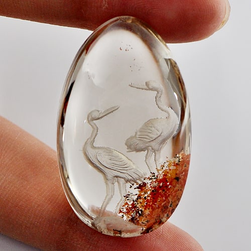 Natural Moss QuartzGemstones Birds Carving Inner 75 Ct. Pear Cabochon 37 x 23 Mm.