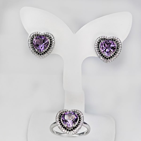 Natural Purple Pink Amethyst 925 Sterling Silver Jewelry Sets 8.63 Grams Earrings And Ring Size 7