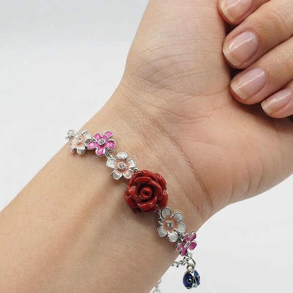 925 Sterling Silver 4.83 Grams Red Flower Resin with Enamel Bracelet 8 Inch.