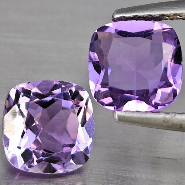 Natural Purple Amethyst Gemstones 1.91 Ct. 2 Pcs. Cushion Shape 6.3 Mm.: Product ID: 800325563 Product Name: Natural Amethyst Weight: 1.91 CT. Size: 6.3 x 6.3 x 4.6 MM. Shape: Cushion Shape Color: Purple Clarity:SI1 Luster: Good Gems Origin: Brazil Treatment: Unheated Crys