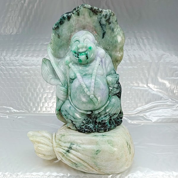 Natural Multi Color Jade Gemstones 10375 Ct. Very Rich Happy Buddha Carving Size 165 x 145 Mm.