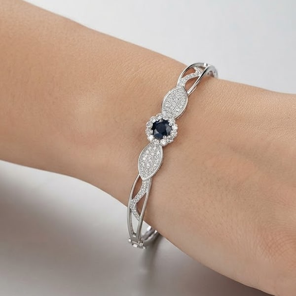 925 Sterling Silver Bangle Jewelry White Gold Plated 8.91 Grams Diameter 61 Mm.