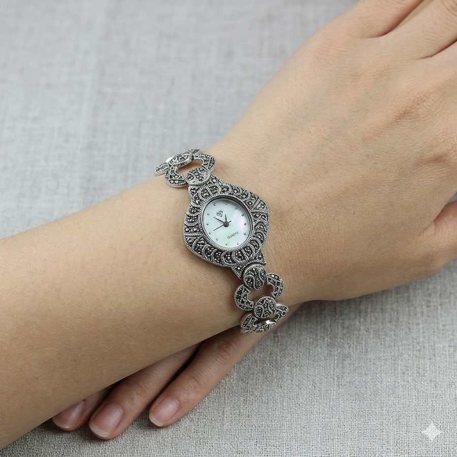 925 Sterling Silver 40.00 Grams Black Marcasite Watch Length 7.7 Inch.