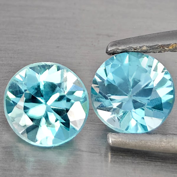 Natural Blue Zircon Gemstones 1.33 Ct. 2 Pcs Round Diamond Cut 5.3 Mm.