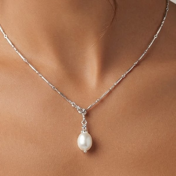 Natural White Pearl Gemstones 925 Sterling Silver Necklace Jewelry 3.66 Grams
