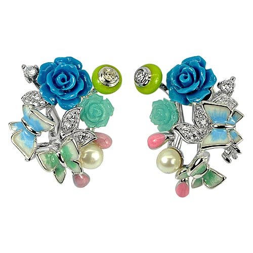 Natural Pearl & Flower Resin with 925 Sterling Silver Earrings Jewelry 12.81 Grams