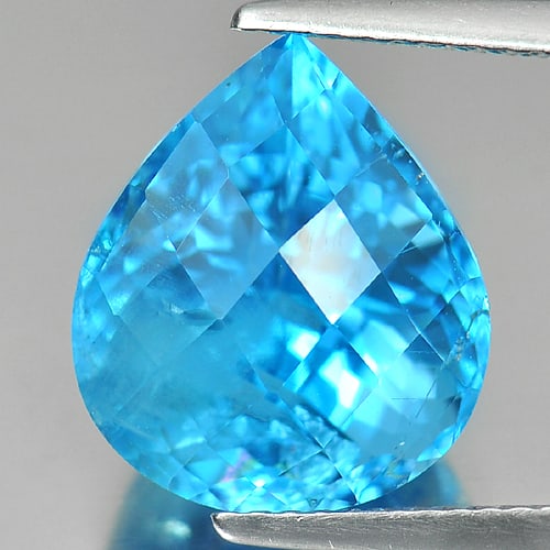 Natural Swiss Blue Topaz Gemstones 9.21 Ct. Pear Checkerboard Cut 13 x 11.5 Mm.