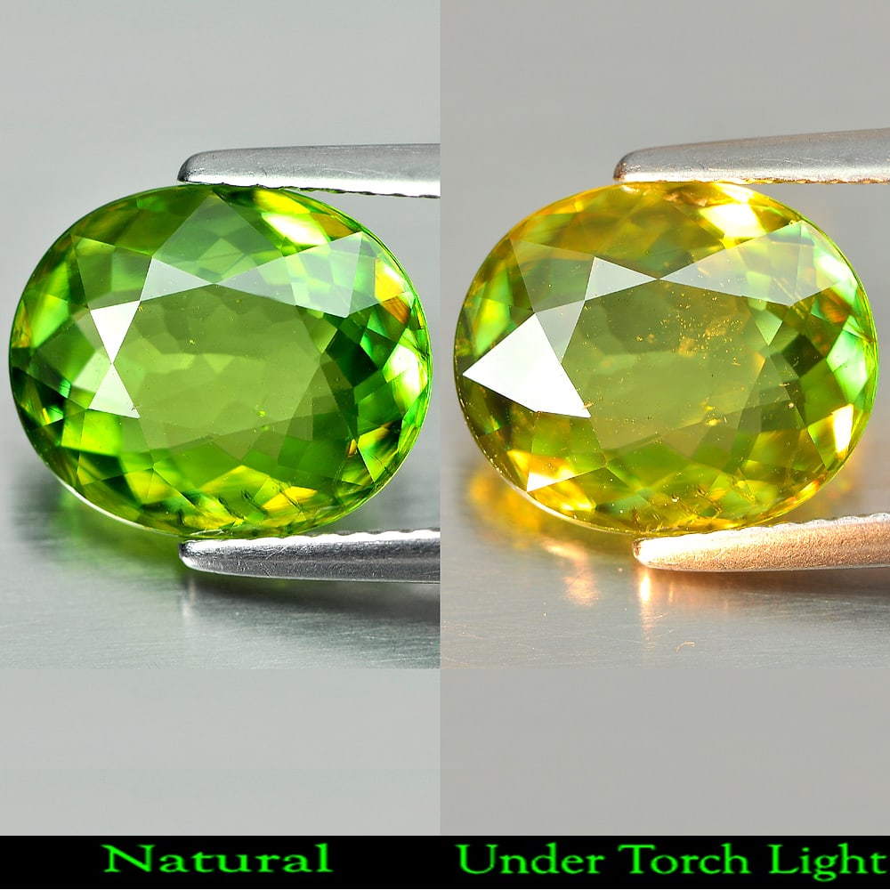 Natural Titanium Green Sphene Gemstones Red Spark 3.81 Ct. Oval Shape 11.4 x 9.6 Mm.