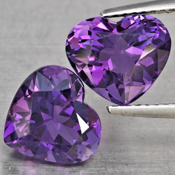 Natural Purple Amethyst Gemstones 5.22 Ct. 2 Pcs. Heart Shape 9.7 x 8.4 Mm.: Product ID: 800325584 Product Name: Natural Amethyst Weight: 5.22 CT. Size: 9.7 x 8.4 x 6.6 MM. Shape: Heart Shape Color: Purple Clarity:VSI Luster: Good Gems Origin: Brazil Treatment: Unheated Crysta