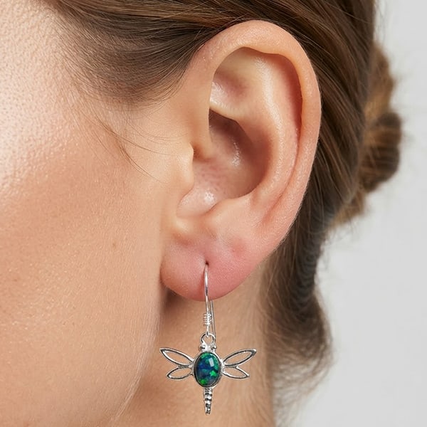 925 Sterling Silver Dragonfly Dangle Earrings with Multi Color Blue Created Opal 1.52 Grams