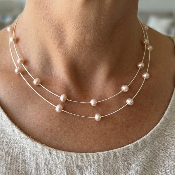 Natural Pink Pearl with 925 Sterling Silver Necklace Jewelry 8.00 Grams Length 16 Inch.