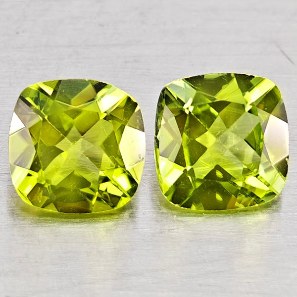 Natural Green Peridot Gemstones 1.71 Ct. 2 Pcs. Cushion Shape 6 Mm.