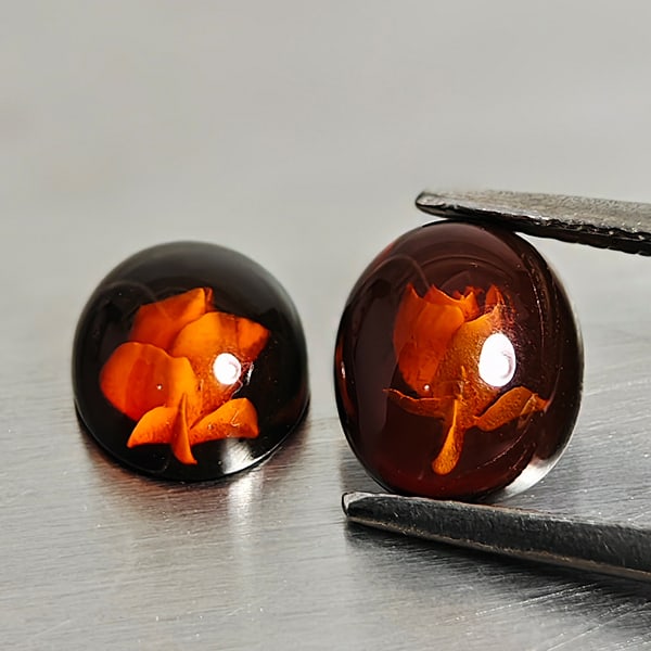 Natural Brown Yellow Amber Gemstones 1.01 Ct. 2 Pcs Flower Carving In Shape Oval Cabochon 7.7 x 6.5