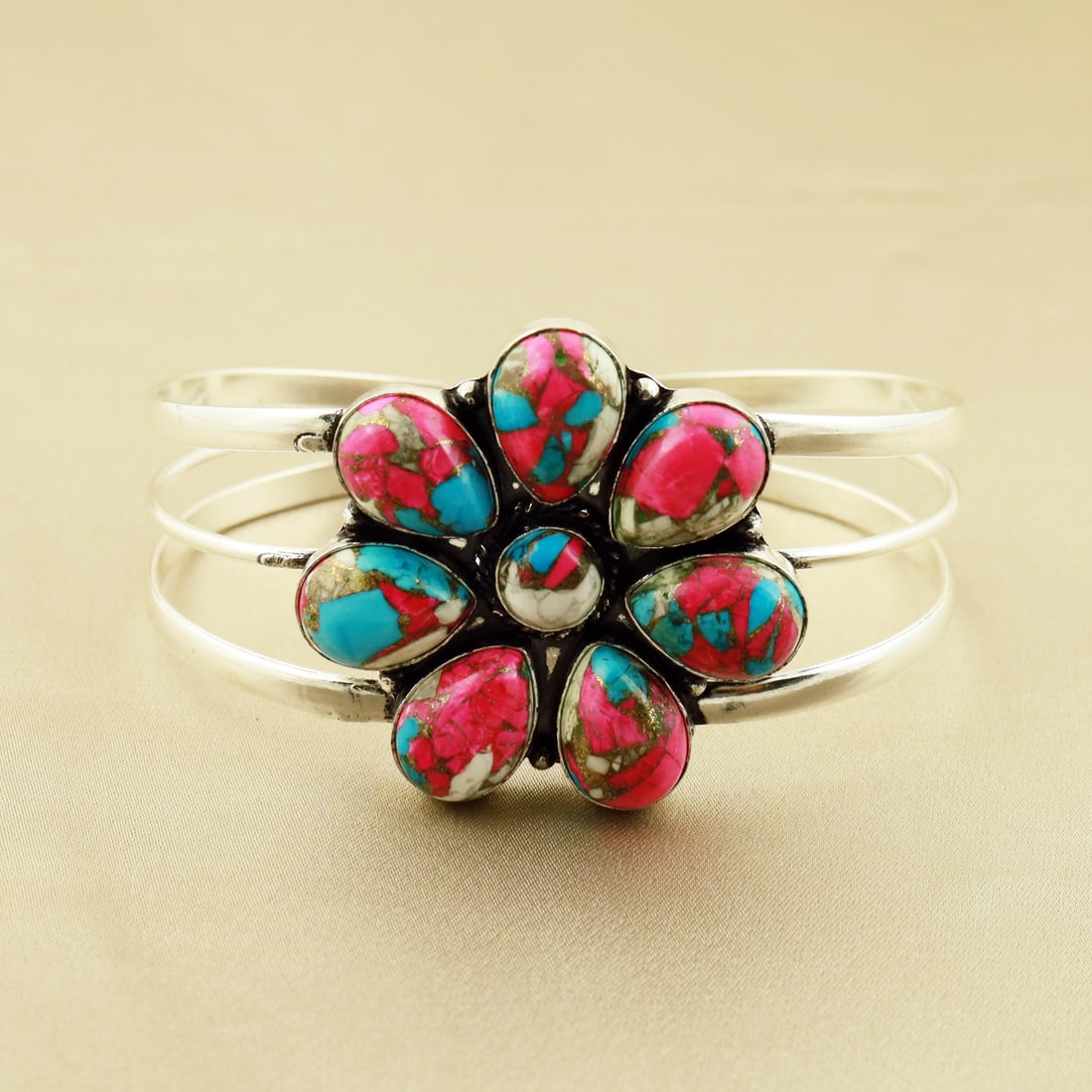 Natural Cotton Candy Sterling Silver Plated Handmade Cuff Bangle - 2