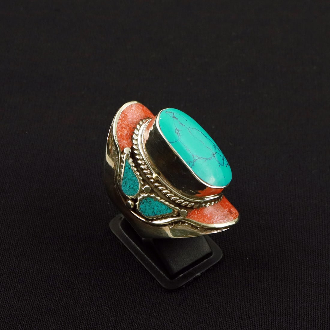 Tibetan Turquoise & Coral Handmade Ethnic Ring - 10MM: Product ID: 260801131419 Product - Tibetan Handmade Ethnic Ring Ring Size - 10MM Ring Weight - 19 Gram Gemstone - Turquoise & Coral Metal - Brass & Copper mix Metal Origin - Nepal Country/Region of Ma