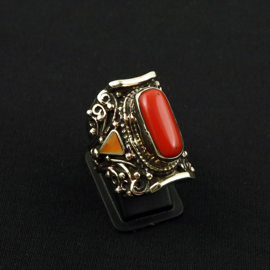 Tibetan Copal & Coral Handmade Ethnic Bold Ring - 8MM: Product ID: 260801131318 Product - Tibetan Handmade Ethnic Ring Ring Size - 8MM Ring Weight - 17 Gram Gemstone - Copal & Coral Metal - Brass & Copper mix Metal Origin - Nepal Country/Region of Manufac