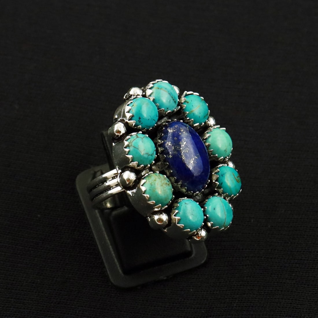 Natural Turquoise & Lapis Lazuli 2 Micron Sterling Silver Plated Handmade Ring - 6.5MM: Product ID: 260731150836 Product - Handmade Silver Plated Ring Metal - 92.5 2 Micron Sterling Silver Plated Ring Size - 6.5MM Gemstone - Turquoise & Lapis Lazuli Gemstone Origin - Tibet & Afghanistan 
