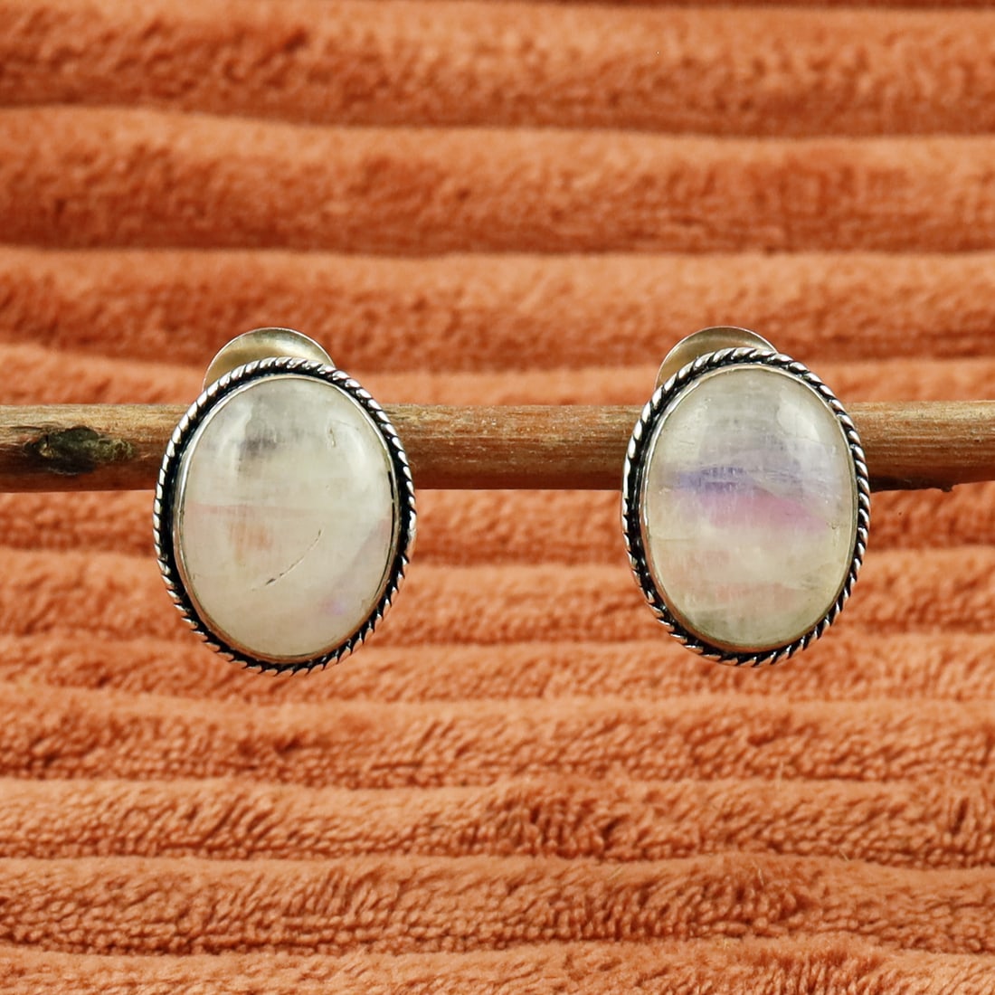 Natural Rainbow Moonstone Sterling Silver Plated Handmade Stud Earring (1 of 3)