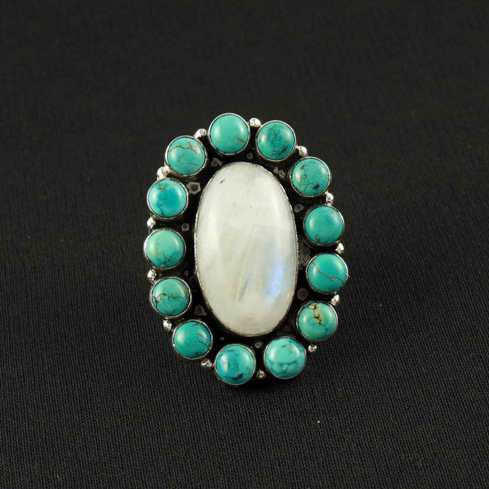 Rainbow Moonstone & Turquoise Sterling Silver Plated Handmade Ring - 9MM: Product ID: 260527152720 Product - Handmade Silver Plated Ring Metal - 92.5 Sterling Silver Plated Ring Size - 9MM Gemstone - Rainbow Moonstone / Turquoise Gemstone Origin - India / Tibet Gemstone Siz