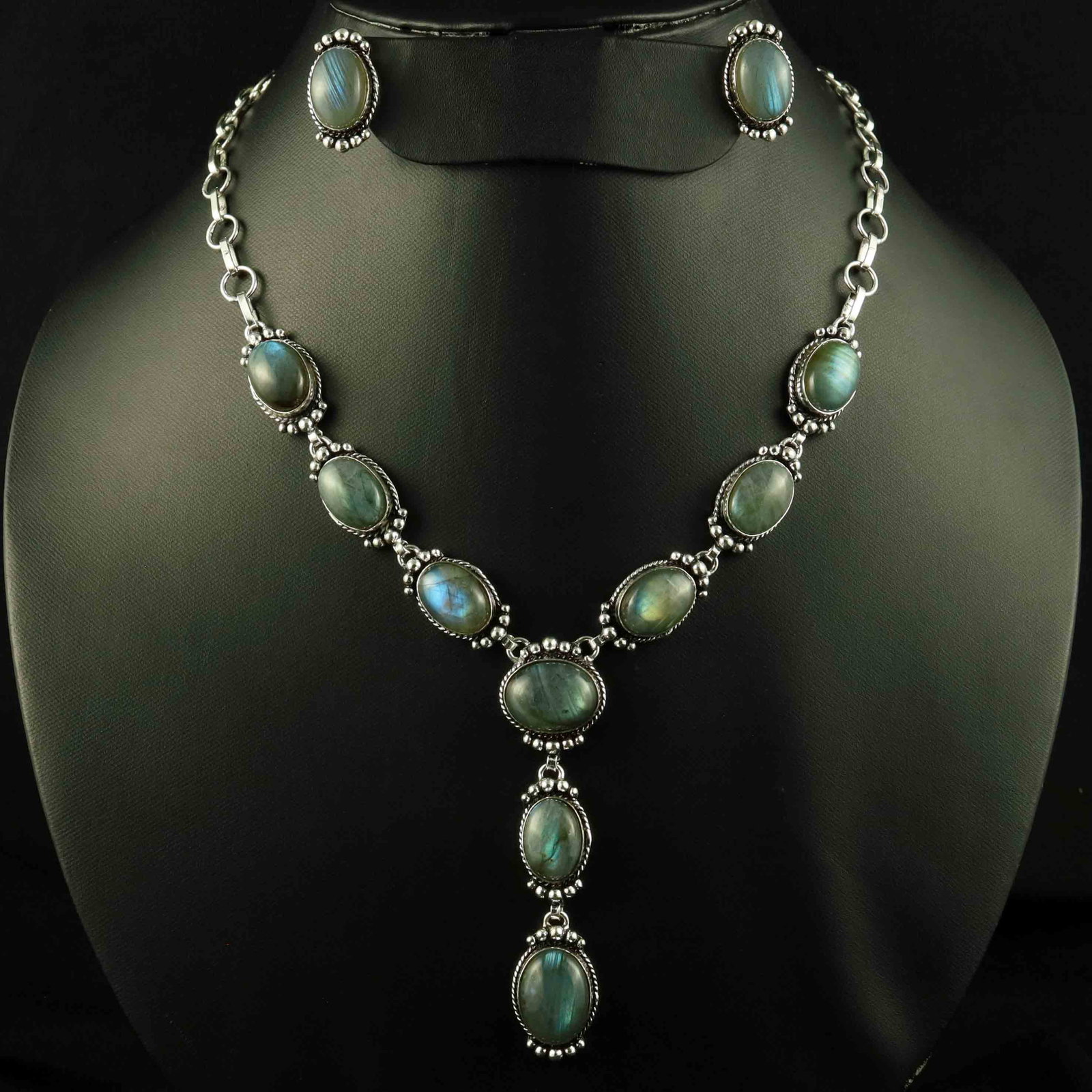 Natural Labradorite Sterling Silver Plated Handmade Necklace With Stud Earring: Product ID: 260523152923 Product - Handmade Silver Plated Necklace With Earring Metal - 92.5 Sterling Silver Plated Necklace Length - 18 Inch Gemstone - Labradorite Gemstone Size - 12X16 MM ( 2 Stone)