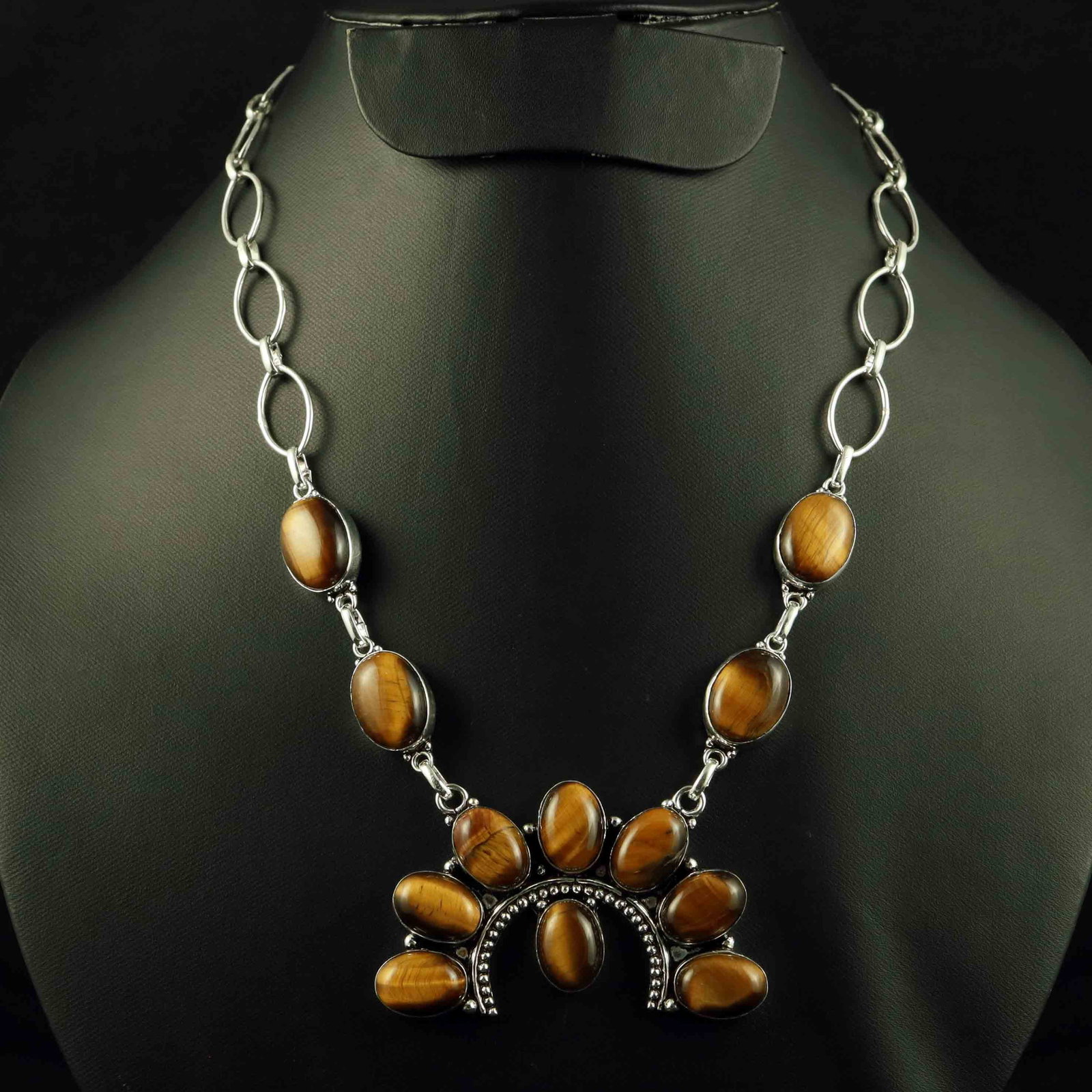Natural Tiger Eye Sterling Silver Plated Handmade Choker Necklace: Product ID: 260523130708 Product - Handmade Silver Plated Necklace Metal - 9.25 Sterling Silver Plated Necklace Length - 18 Inch Gemstone - Tiger Eye Gemstone Size - 10X14 MM ( 8 Stone) 12 X16 ( 4 Sto